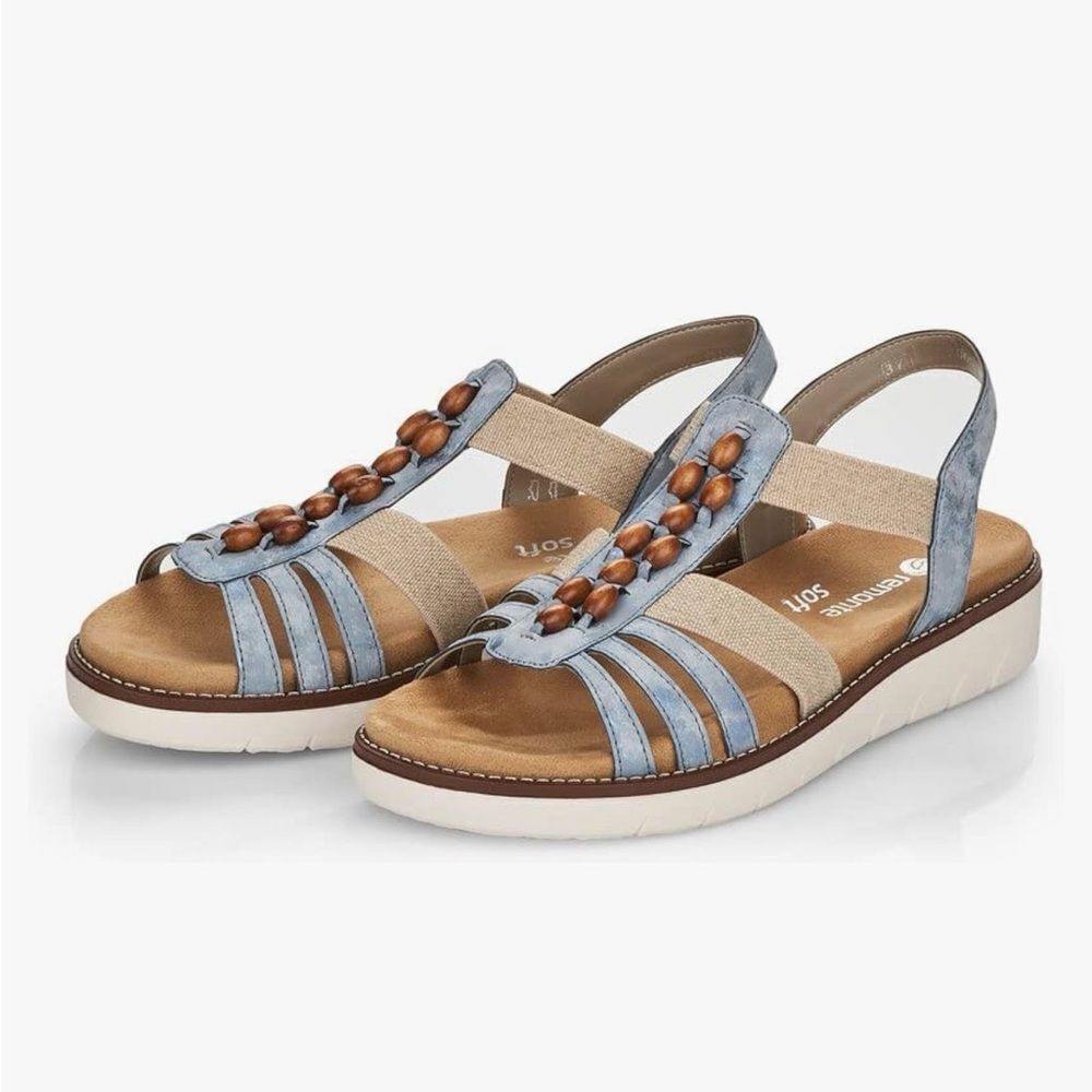 Remonte Soft JOCELYN Metallic Blue Shimmer Tan Elastic Strap Wood Bead Sandal